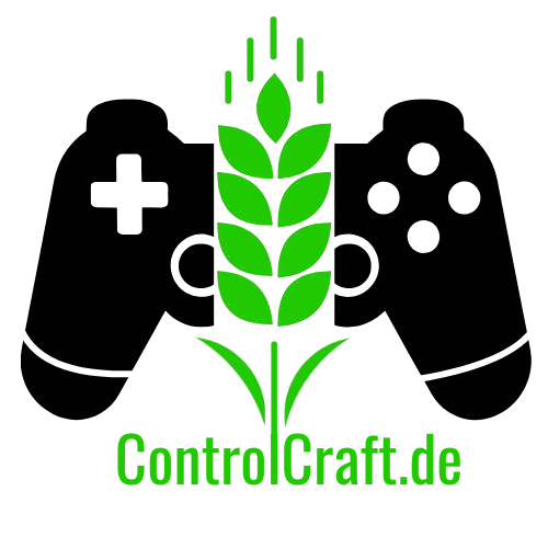 Control Craft Logo mit URL (Schwarzes Gamepad mit grüner Ähre in der mitte.