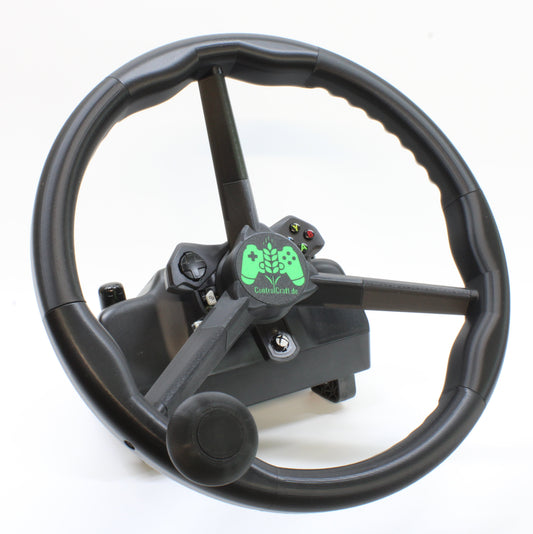 Foto mit fertig montierten Orbis Lenkrad auf Logitech Basis montiert. Fotografiert von vorne links