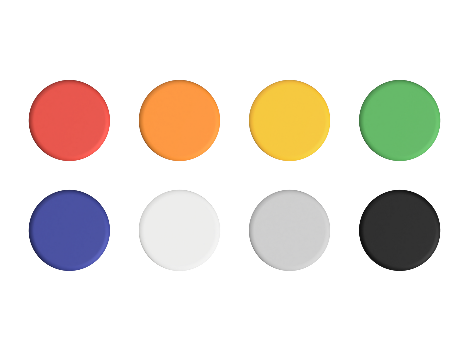 Blankobuttons in acht Farben: Rot, Orange, Gelb, Grün, Blau, Weiß, Grau und Schwarz