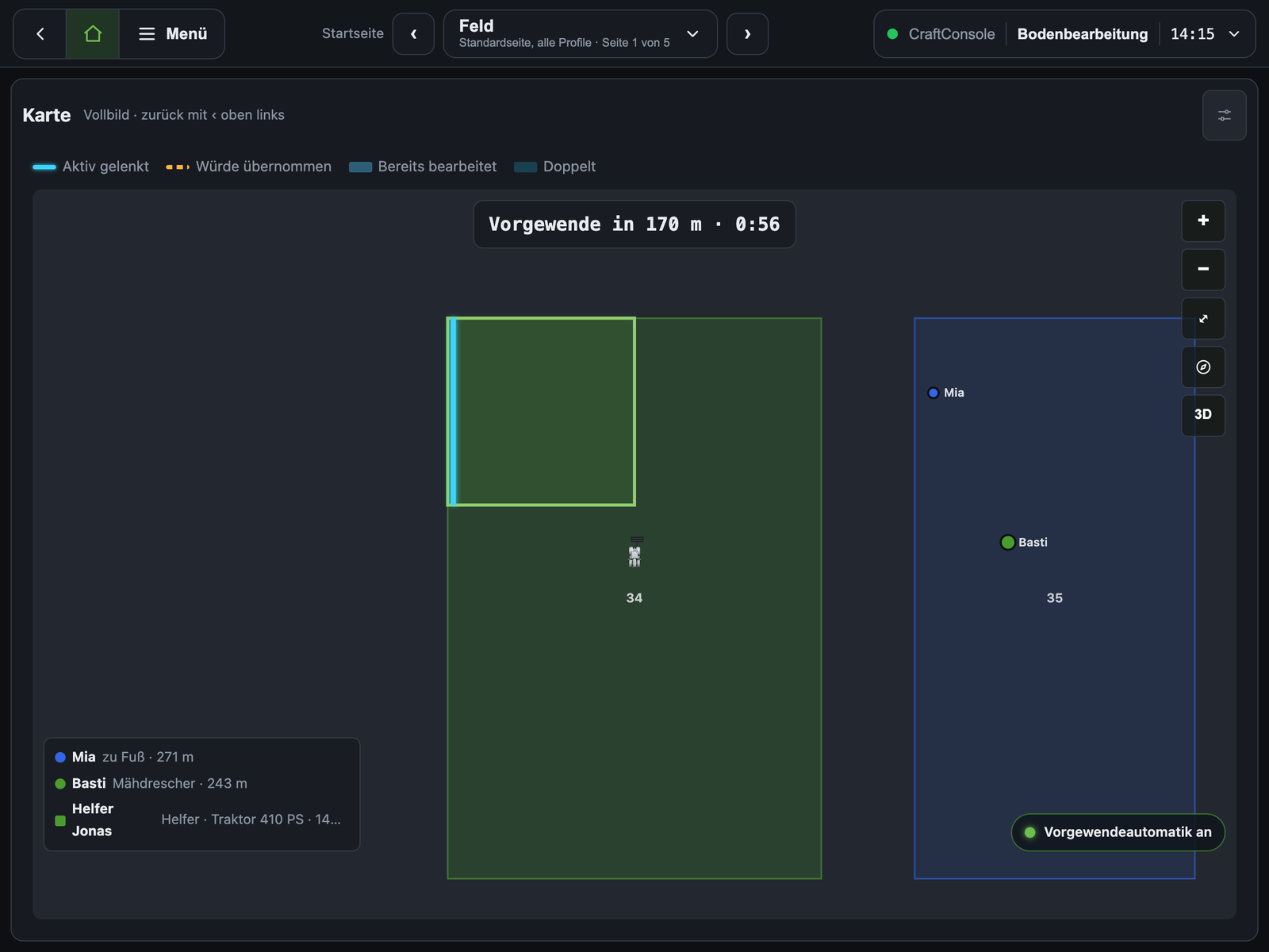 ControlHub: Live-Karte mit Feldern, Spurführung, bearbeiteter Fläche und Mitspielern