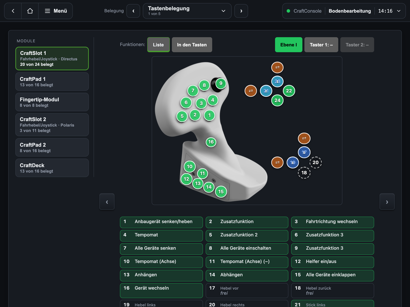 ControlHub: Tastenbelegung mit Modulbild und Liste der belegten Funktionen