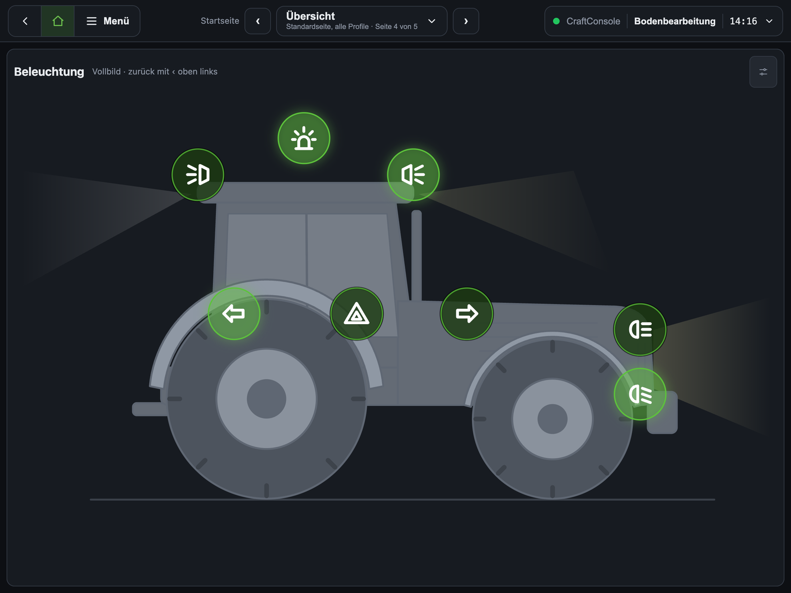 ControlHub: Kachel Beleuchtung mit Traktor von der Seite und einer Taste an jeder Leuchte