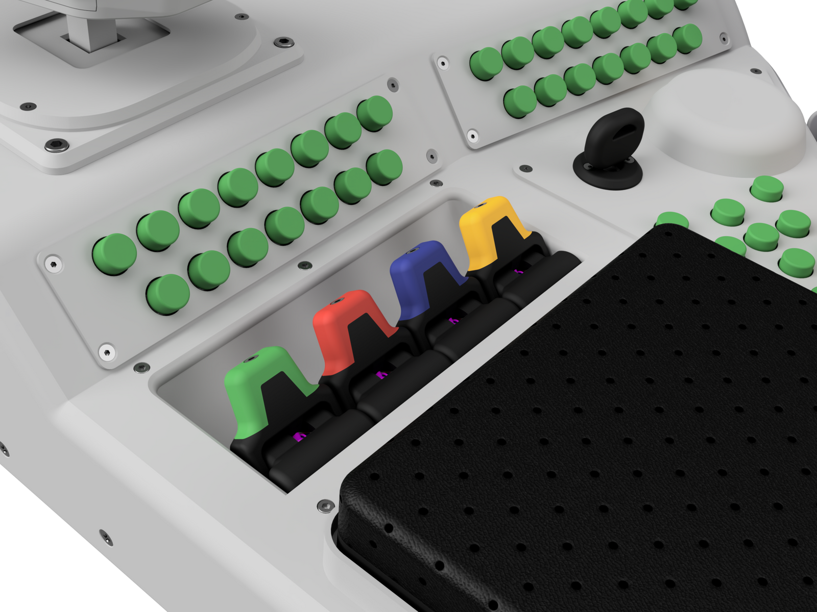 Fingertip-Modul mit vier kleinen Joysticks an der Armlehne