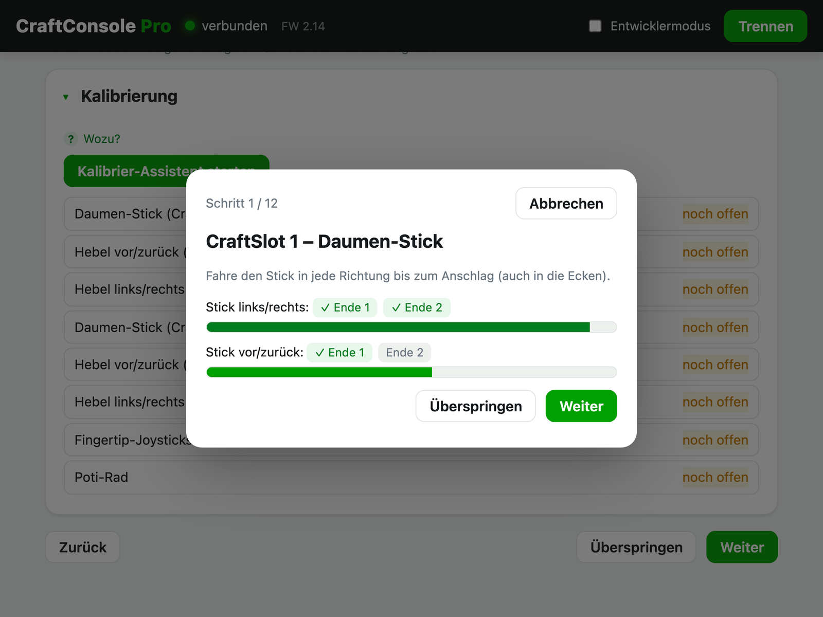 Konfigurator im Browser: Kalibrier-Assistent für den Daumen-Stick