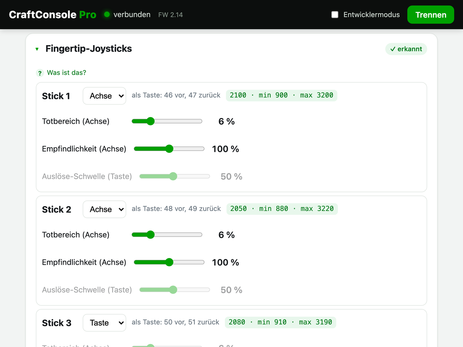 Konfigurator im Browser: Einstellungen der Fingertip-Joysticks, Totbereich und Empfindlichkeit
